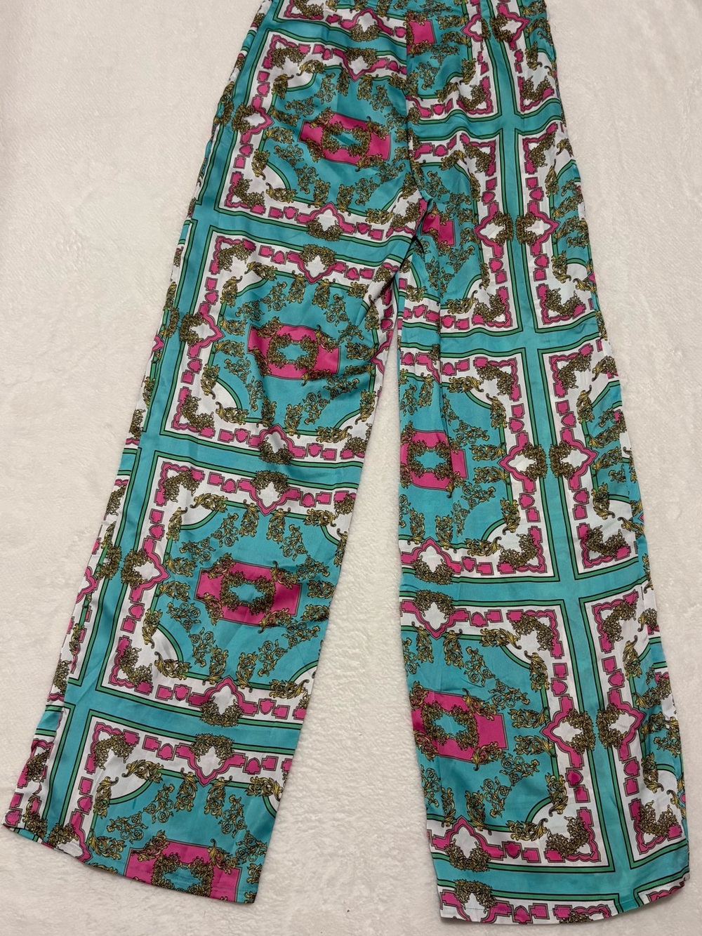 PrettyLittleThing Turquoise, Pink & Gold Baroque Print Pants